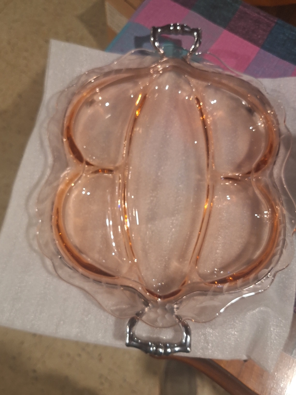 Rose Gold Sectioned DEPRESSION Glass Serve Tray with Silver Holder